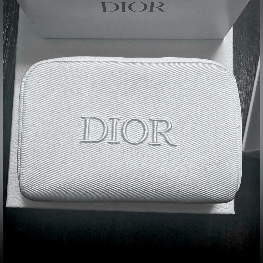 Dior White denim embroidered logo cosmetics bag.